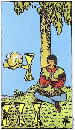 Carta del Cuatro de Copas del tarot Rider Waite