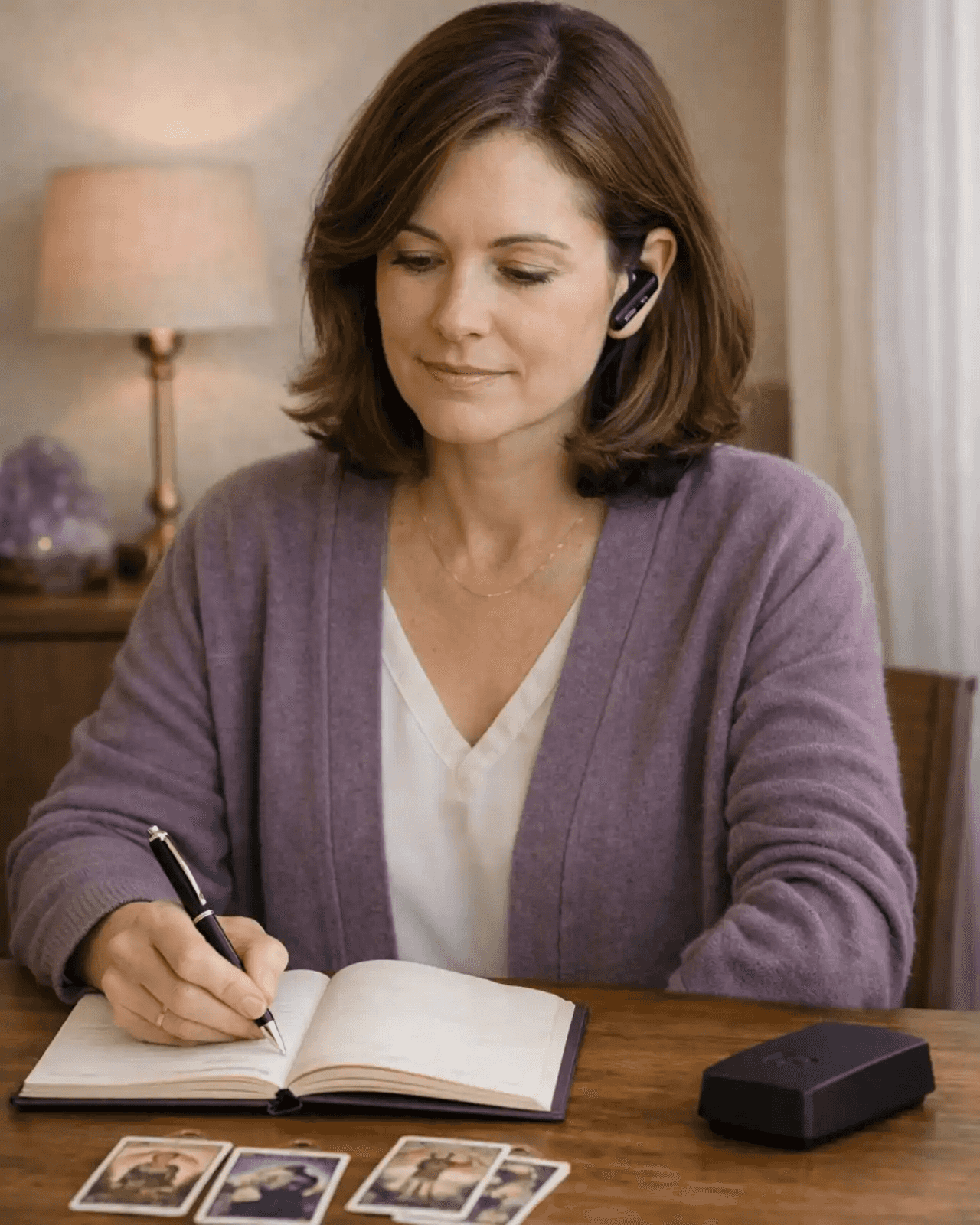 Tarotista atendiendo una consulta de tarot telefónico con libreta de notas