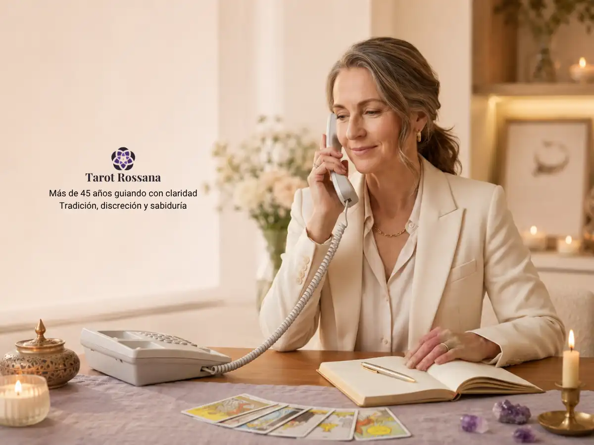 Tarotista profesional atendiendo una consulta de tarot telefónico premium