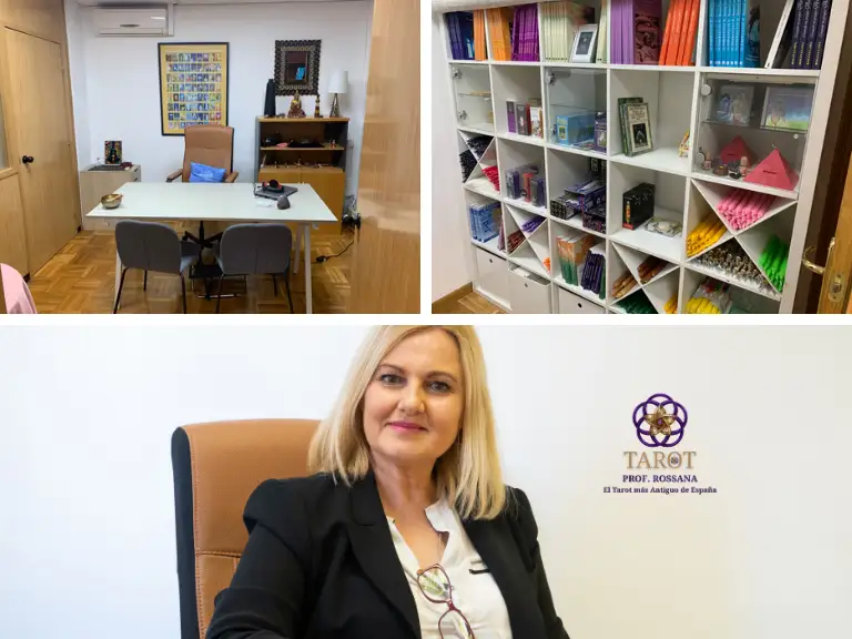 Gabinete de Tarot Profesora Rossana: sala de consulta presencial, estantería con barajas y velas, y Estela, tarotista del equipo